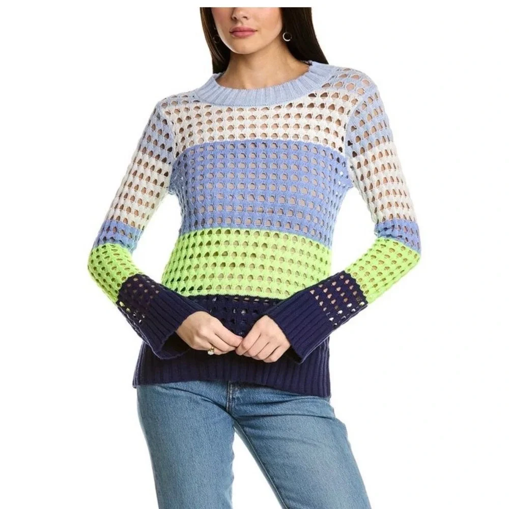 WISPR Silk Blend Pointelle Stripe Sweater XS Coastal Preppy Open Knit Resortwear